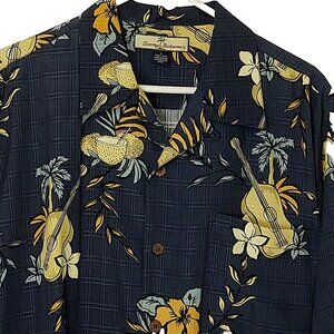 Tommy Bahama Silk Hawaiian Shirt Large Coconut Ukulele Hibiscus Dark Blue Gray